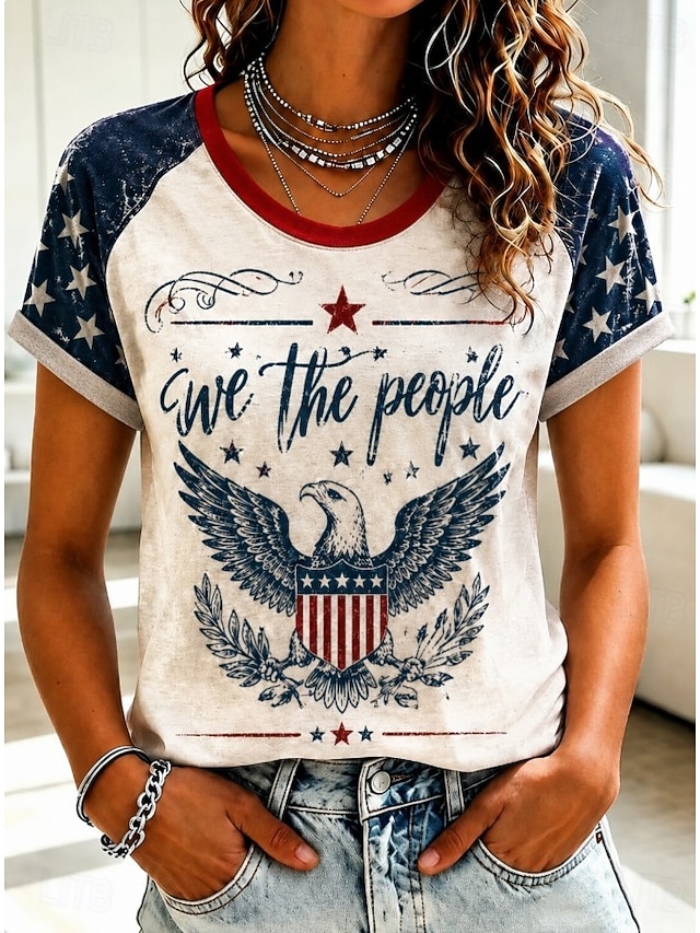 American Independence Day T Shirt Print Graphic Letter American Flag Vintage Stylish Classic Short Sleeve Crew Neck Regular Tops Casual Daily