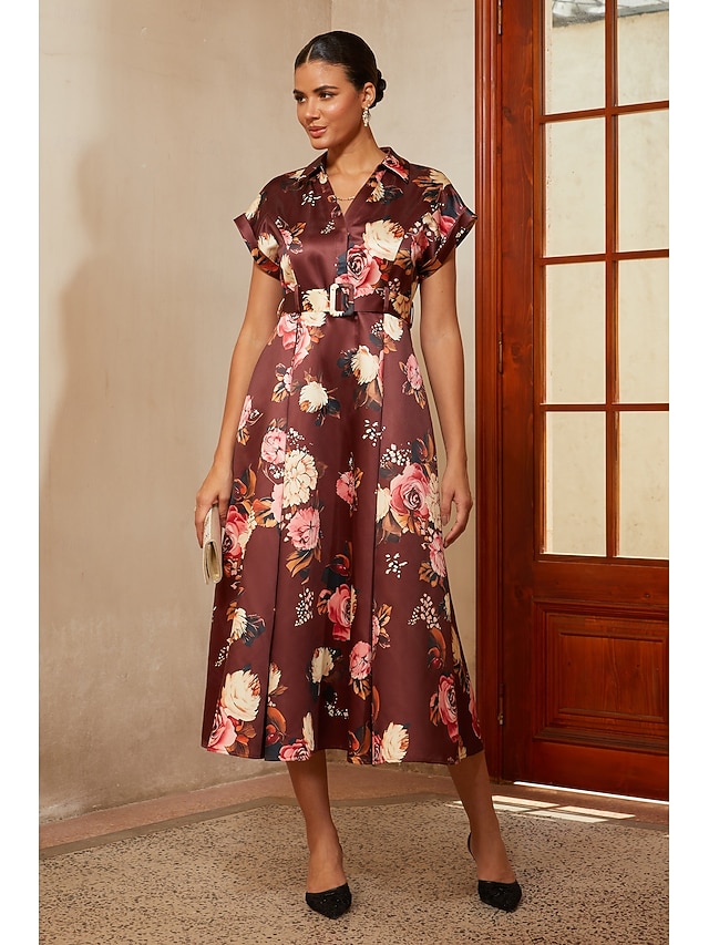  Per donna Linea ad A Abito da Cocktail Abito da invitata a nozze Lunghezza Tè Scollo a V Bavero Manica Corta Spalla scesa Vita Alta Elegante Vintage Madre della sposa Semi-Formale con Raso Stampa