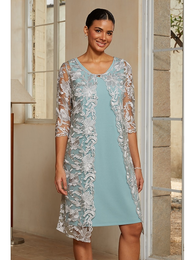  Per donna Completi da abito in due pezzi Tubino Colonna Abito da Cocktail Abito da invitata a nozze Lunghezza al ginocchio Scollo a V Manica 3/4 Manica illusione Elegante con Pizzo Tessuto