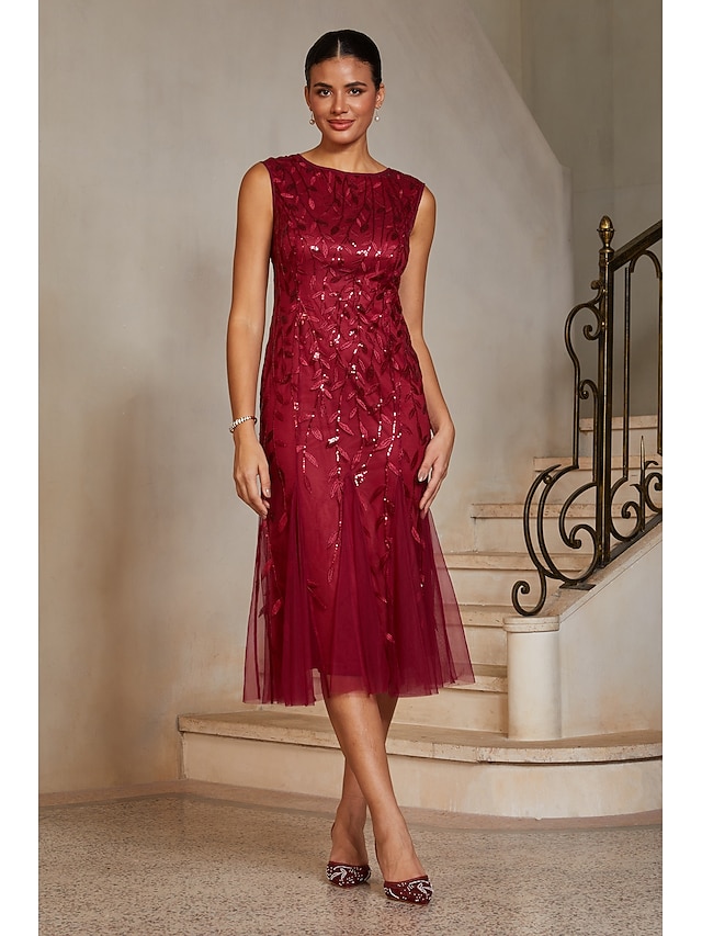  Women's Mermaid Trumpet Cocktail Dress Wedding Guest Dress Tea Length Boat Neck Sleeveless Elegant Vintage 1980s Mother Of The Bride Party Semi Formal with Mesh Glitter Embroidery Flared Tulle Hem