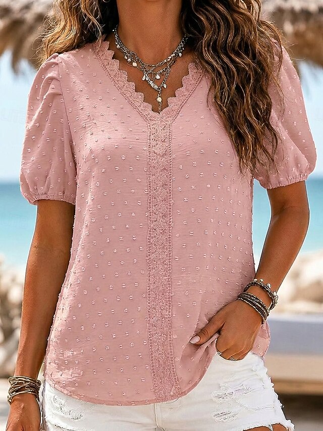 Women's Eyelet Top Summer Tops Lace Trim Vintage Stylish Casual Short ...