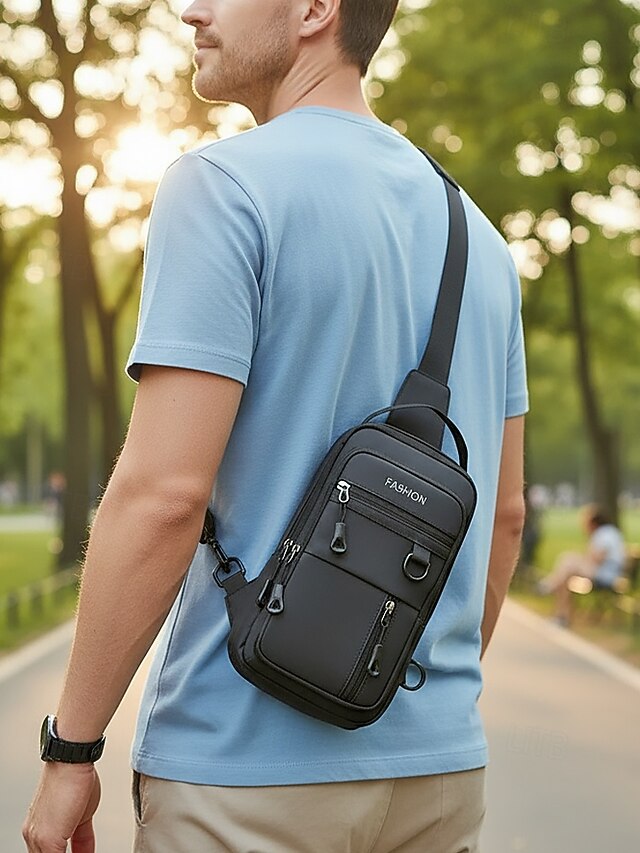 Men's Waterproof Anti-Scratch Polyester Sling Bag, Black Gray Shiny ...