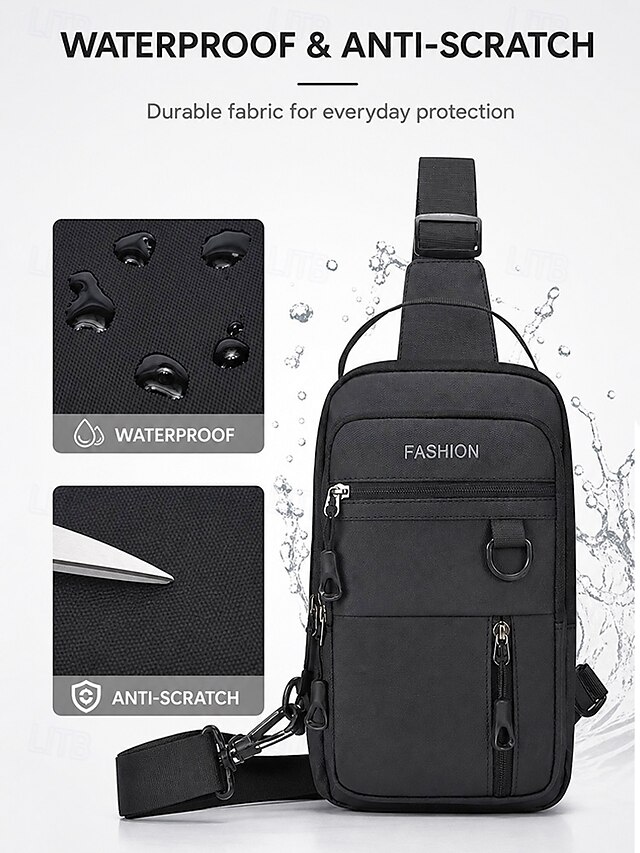 Men's Waterproof Anti-Scratch Polyester Sling Bag, Black Gray Shiny ...