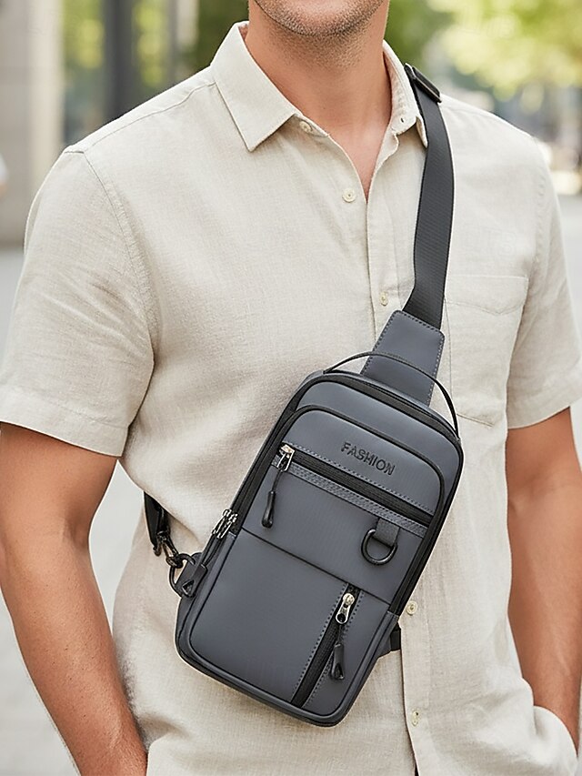Men's Waterproof Anti-Scratch Polyester Sling Bag, Black Gray Shiny ...