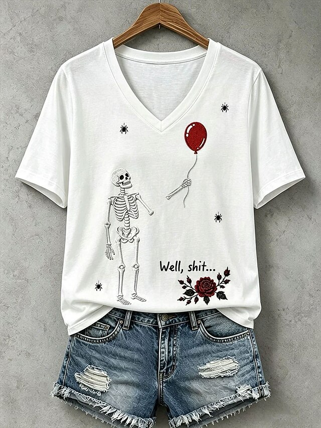 Halloween Women's T Shirt Print Graphic Skull Letter Casual Short ...