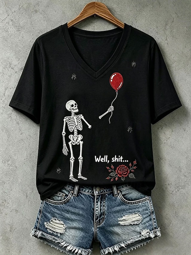 Halloween Women's T Shirt Print Graphic Skull Letter Casual Short ...