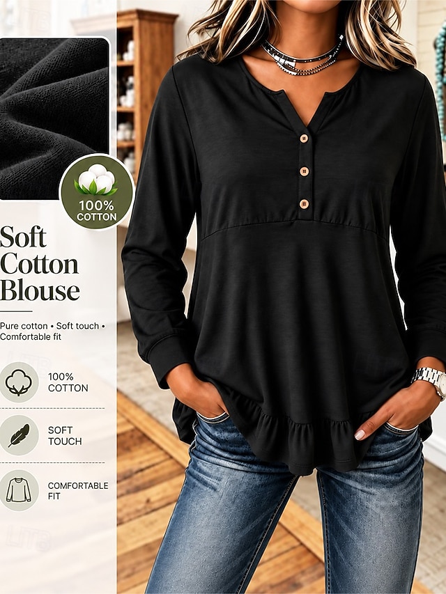 Women's Cotton Shirt Solid Color Plain Elegant Active Vacation Long ...