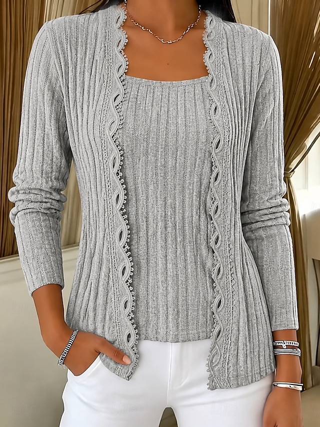 Women's Tunic Layered Top Texture Lace Trim Plain Vintage Stylish Basic ...