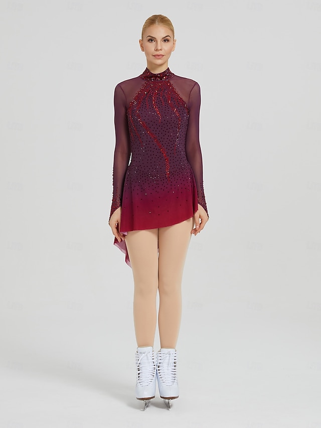 Figure Skating Dress Women s Ice Skating Dress Burgundy Patchwork figure-skating-dress-women-s-ice-skating-dress-burgundy-patchwork