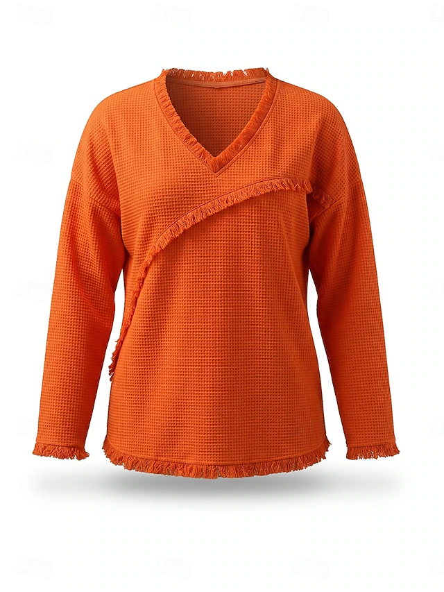Women's Waffle Shirt Texture Patchwork Tassel Solid Color Bohemia Long ...