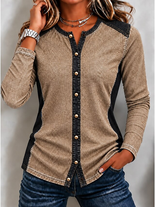 Women's Washed Cotton Denim Shirt Solid Color Bohemia Active Vacation ...