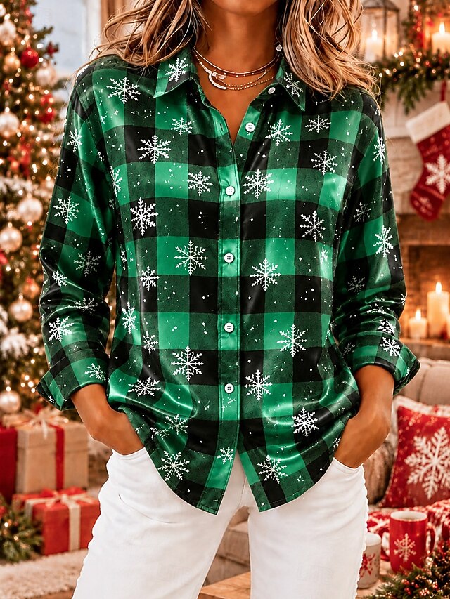 Christmas Women's Shirt Graphic Plaid Snowflake Vintage Stylish Modern ...