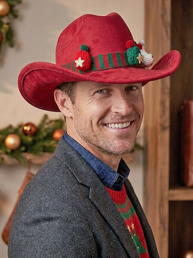 Men's Polyester Red Christmas Western Cowboy Hat, Festive Holiday Party ...