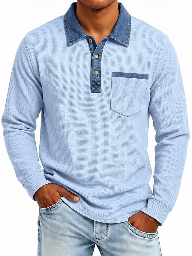 Men's Waffle Polo Shirts Casual Vacation Turndown Long Sleeve Fashion ...