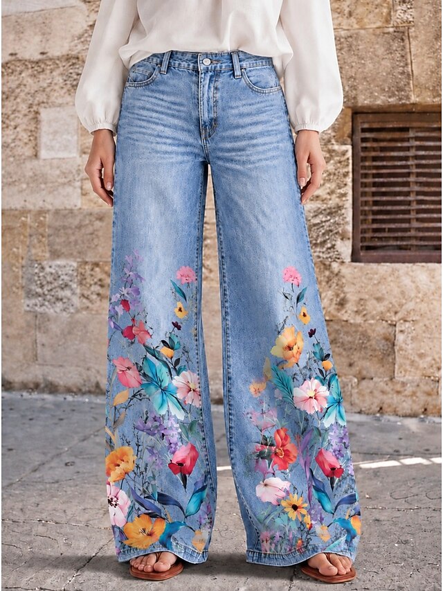 Women's Jeans Denim Cotton Blend -look Wide Leg Chinos Vacation Vintage ...