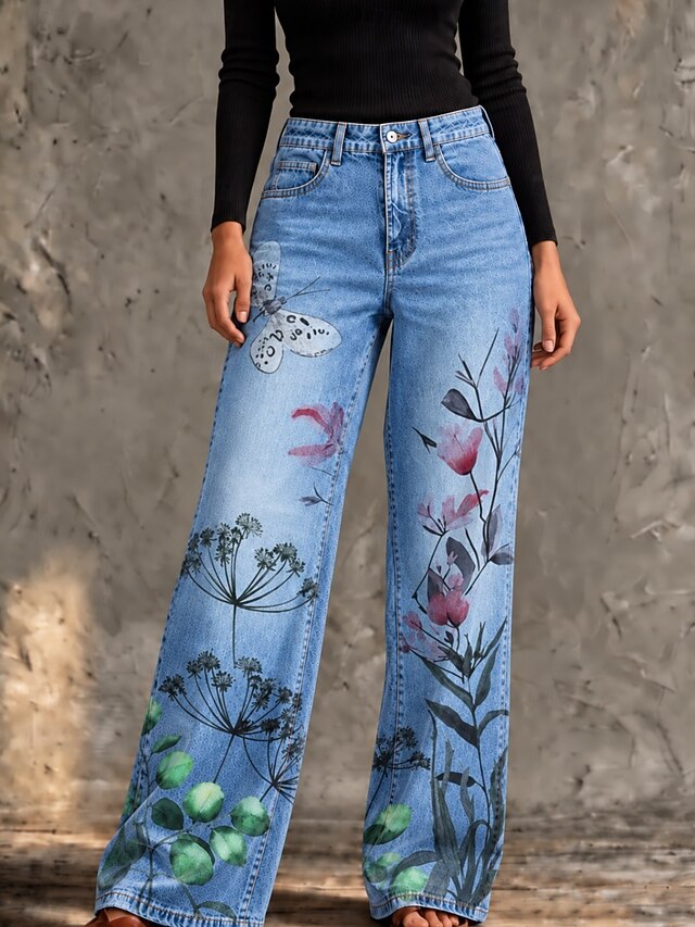 Women's Jeans Denim Cotton Blend Wide Leg Vacation Vintage Basic Full ...