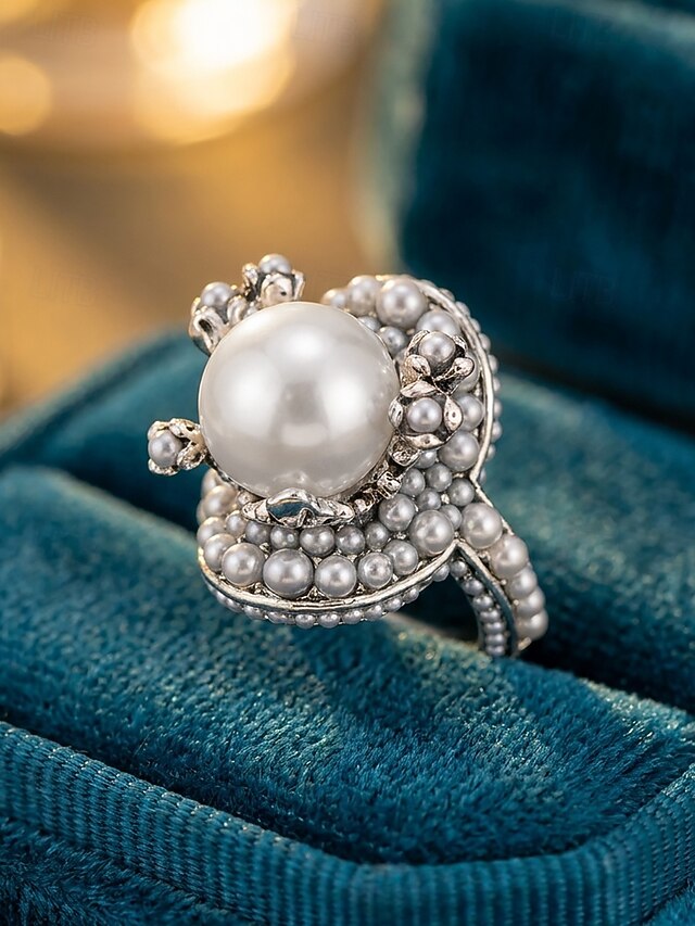 Women's Alloy Faux Pearl Statement Ring, Vintage Round Geometric ...