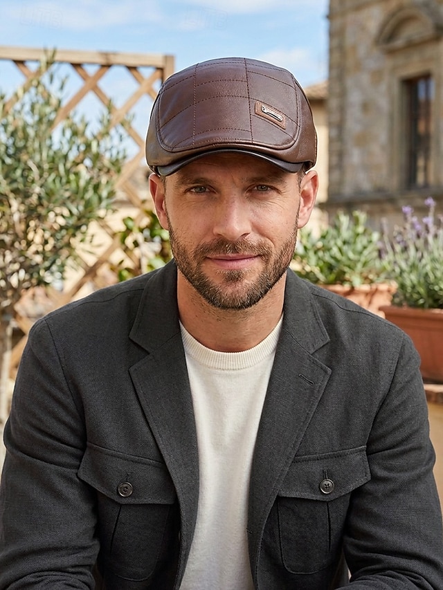 Men's Vintage Quilted Faux Leather Flat Cap, Warm Autumn Winter Beret ...