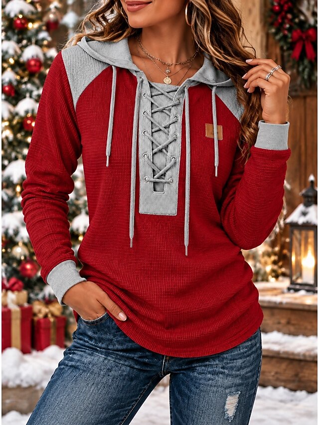 Christmas Women's Waffle Polo Shirts Drawstring Solid Color Bohemia ...