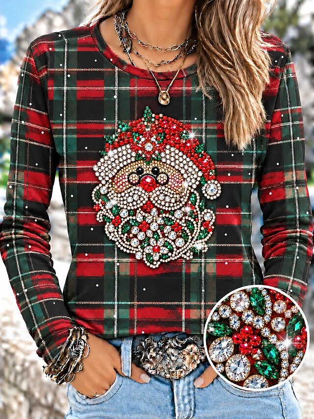 Christmas Women's 100% Cotton Cotton Shirt Rhinestone Floral Graphic ...