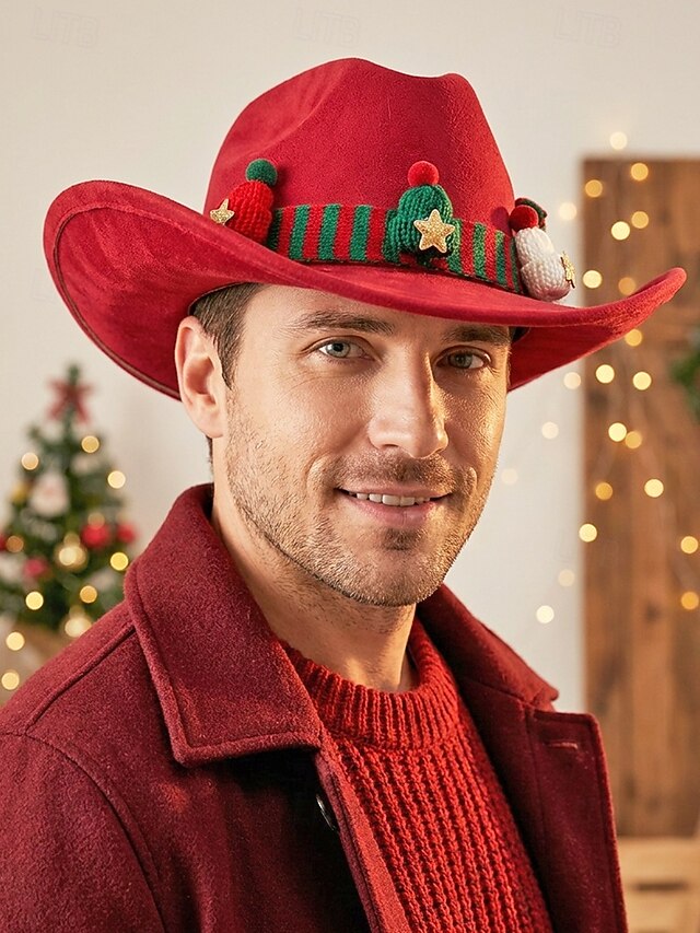 Men's Polyester Red Christmas Western Cowboy Hat, Festive Holiday Party ...