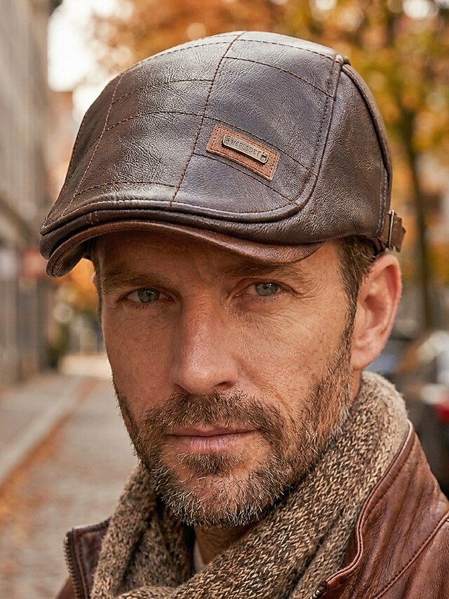Men's Vintage Quilted Faux Leather Flat Cap, Warm Autumn Winter Beret ...