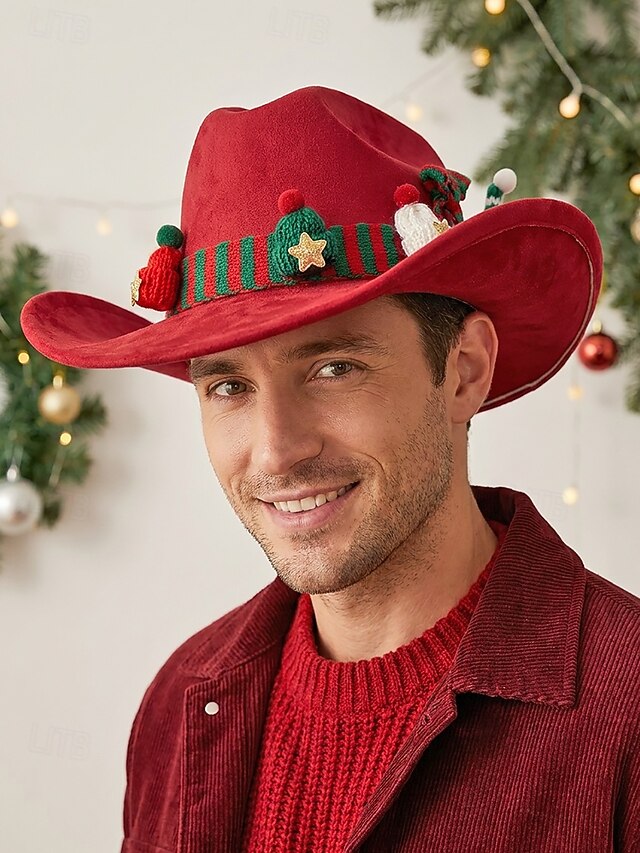 Men's Polyester Red Christmas Western Cowboy Hat, Festive Holiday Party ...