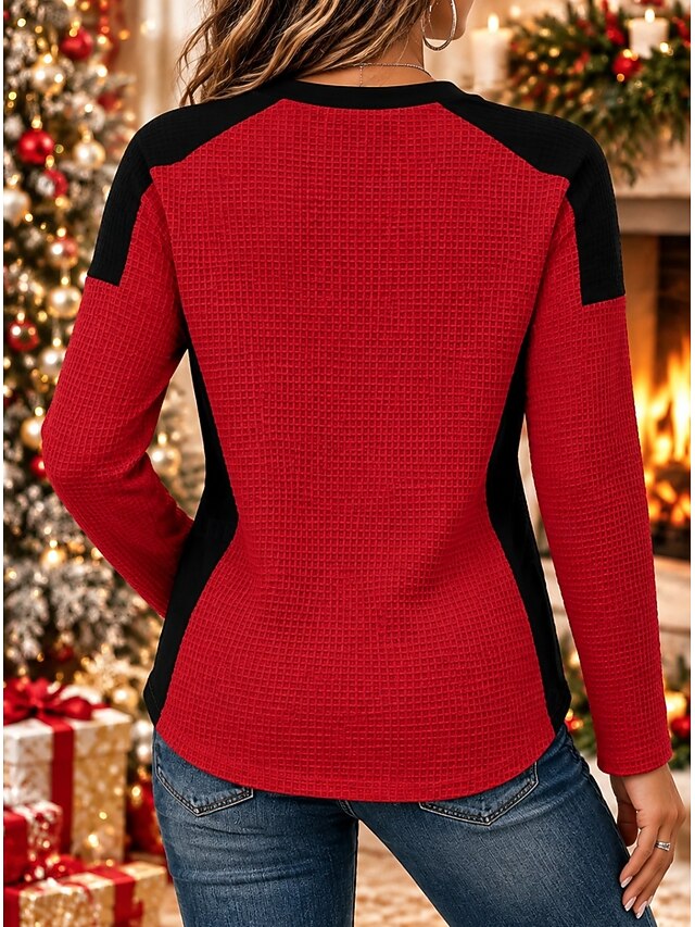 Christmas Women's Waffle Polo Shirts Patchwork Solid Color Bohemia ...