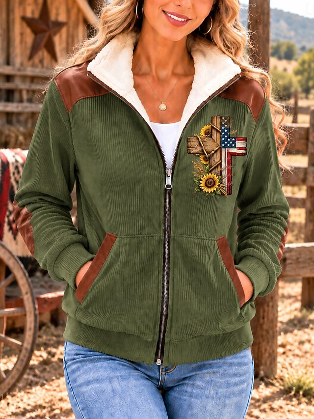Women's Corduroy Jacket Windproof Warm Patchwork Vintage Fashion Daily ...