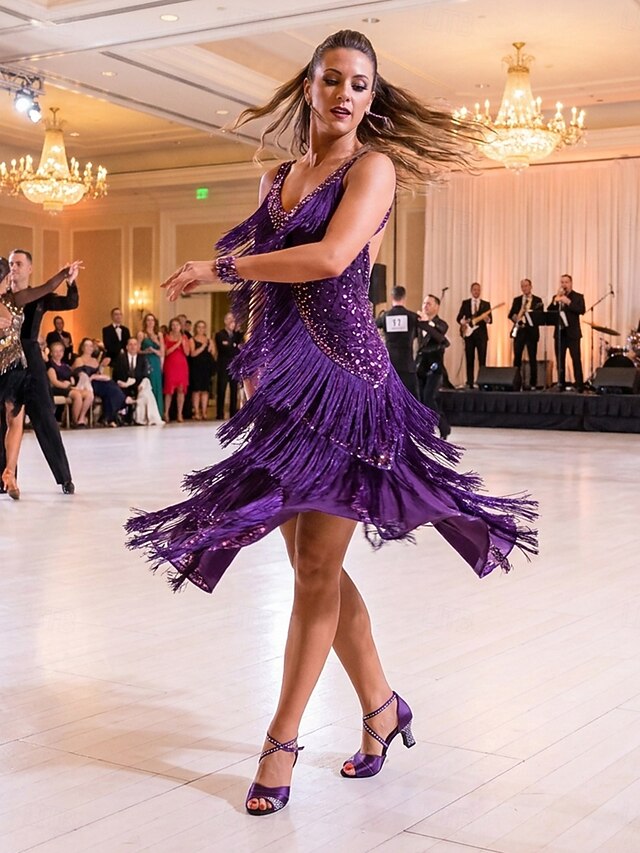 Women's Purple Rhinestone Satin Latin Dance Shoes – Peep Toe Dance ...