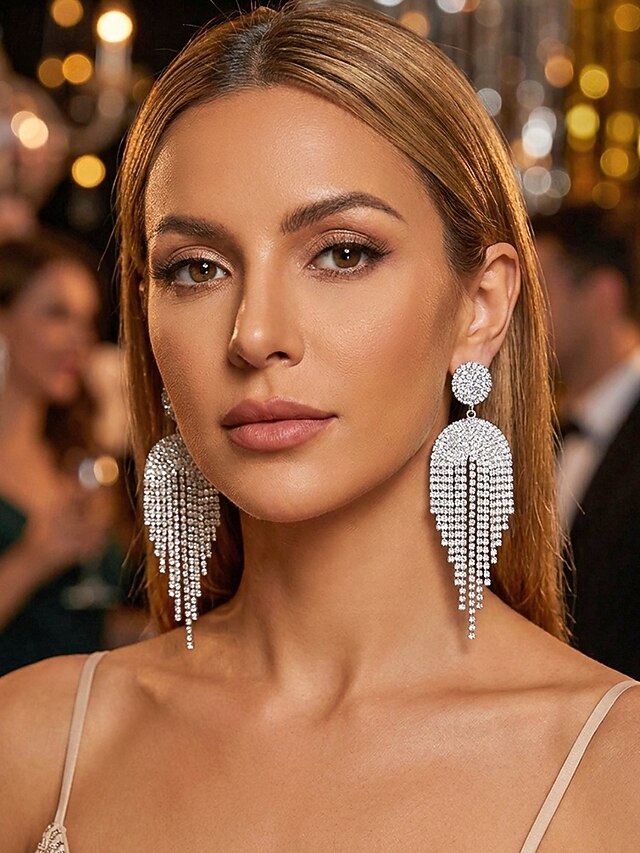 Women's Rhinestone Fringe Earrings Alloy Crystal Tassel Drop Earrings ...