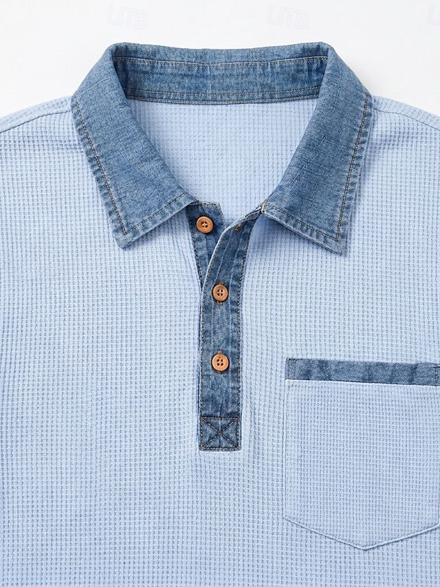 Men's Waffle Polo Shirts Casual Vacation Turndown Long Sleeve Fashion ...