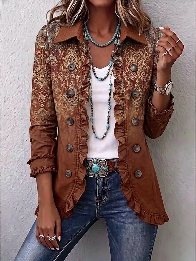 Regular Brown Color Women's Bolero Jacket Warm Print Elegant Vintage Fashion Daily Floral ...