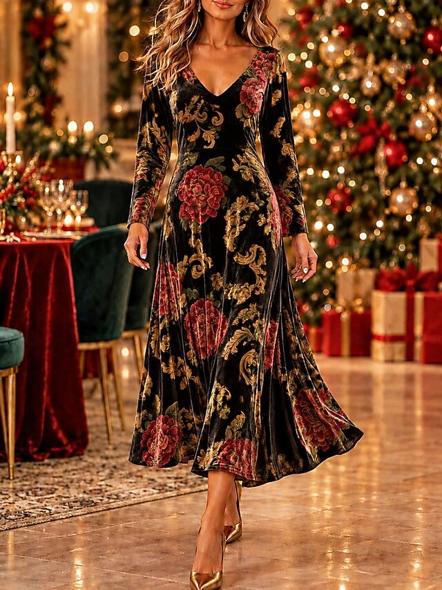 Women's Velvet Brown Spring Fall Winter Midi Dress Sheath Dress Pleated ...