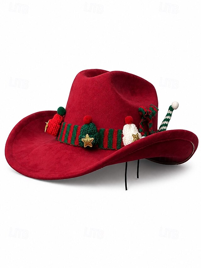 Men's Polyester Red Christmas Western Cowboy Hat, Festive Holiday Party ...