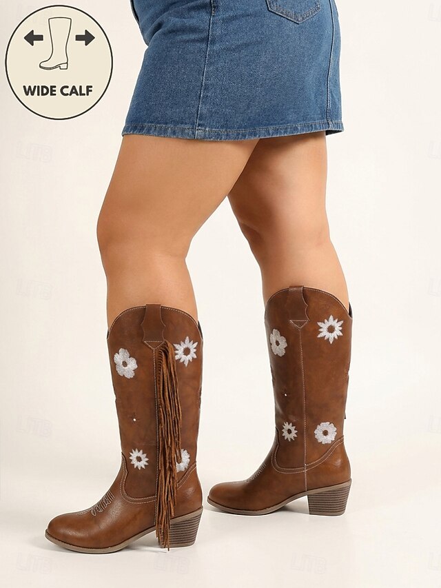 Women's Wide Calf Cowboy Boots - Faux Leather Mid Calf Western Boots ...