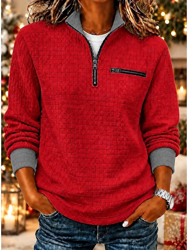 Christmas Women's Waffle Polo Shirts Zipper Solid Color Bohemia Active ...