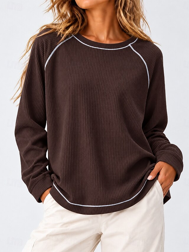 Women's Waffle T-shirt Knit Top Patchwork Color Block Plain Vintage ...
