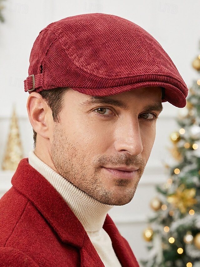 Men's Polyester Corduroy Flat Cap, Vintage Solid Color Adjustable Ivy ...