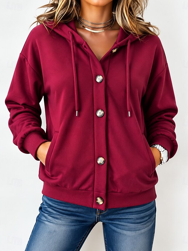 Women's Pullover Hoodie Sweatshirt Buttons Classic Modern Casual Long ...