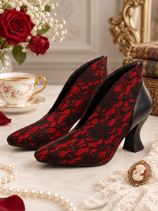 Women's Victorian Floral Lace Booties with V-Cut Design, Pointed Toe ...