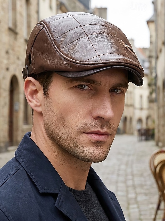 Men's Vintage Quilted Faux Leather Flat Cap, Warm Autumn Winter Beret ...