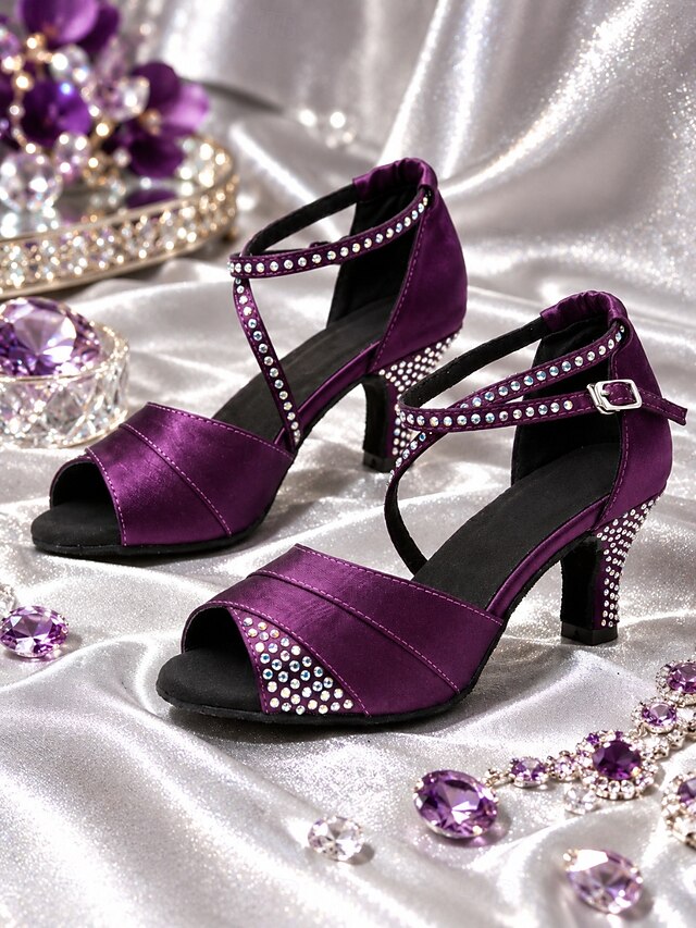 Women's Purple Rhinestone Satin Latin Dance Shoes – Peep Toe Dance ...