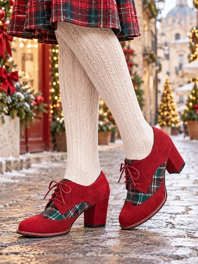Women's Red Christmas Plaid Oxford Heels – Vintage Inspired Lace Up ...