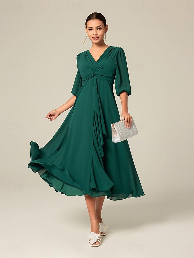 Women's Midi Dress Green Solid Color V-Neck Half Sleeve Ruffled Sophisticated Chic Zip-Back Summer Semi-Formal Wedding Party Evening Elegant Flowy Lightweight Apparel 10