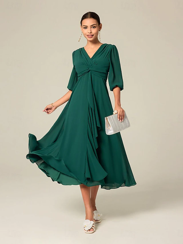 Women's Midi Dress Green Solid Color V-Neck Half Sleeve Ruffled Sophisticated Chic Zip-Back Summer Semi-Formal Wedding Party Evening Elegant Flowy Lightweight Apparel 10