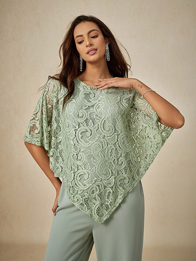 Women's Blouse Dressy Tops Plain Elegant Half Sleeve Crew Neck Regular Tops Wedding Guest Daily Lace Patchwork Layered Sage Green Summer Spring 10