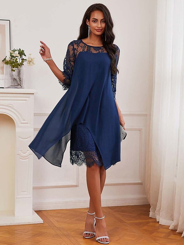 Women's Wedding Guest Dress Plain Dress Midi Dress Lace Chiffon Patchwork Casual Crew Neck 3/4 Length Sleeve Cocktail Dresses Formal Dresses Blue Color 13