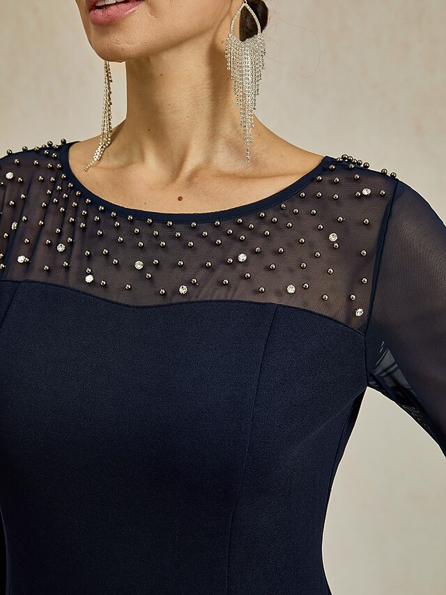 Women's Midi Dress Sheath Dress Elegant Regular Fit Solid Color Half Sleeve Crew Neck Navy Blue Summer Spring 8