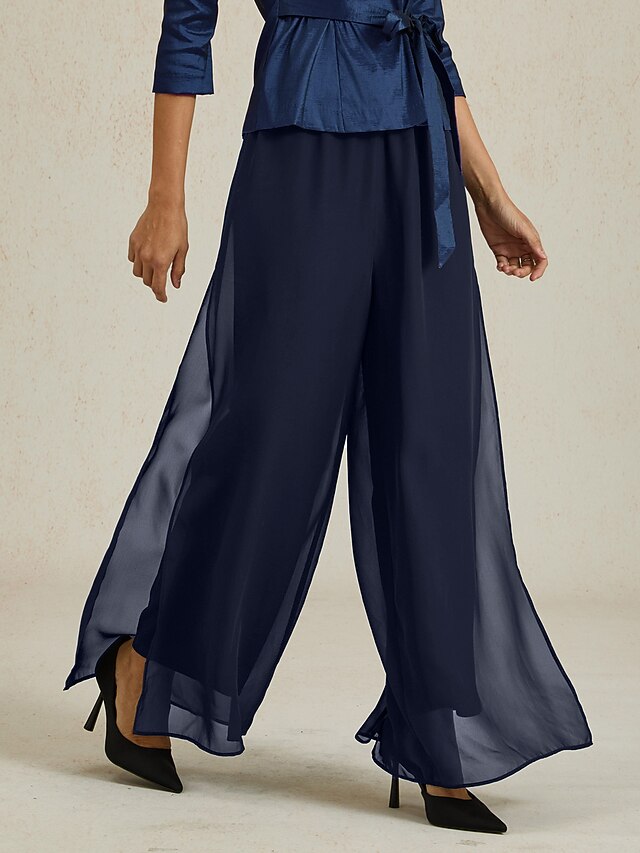 Women's Culottes Wide Leg Straight-Leg Trousers Elegant Stylish Classic Style Full Length Medium Waist Solid Color Elastic Waist Stretchy Wedding Vacation Party Navy Blue Spring, Fall, Winter, Summer4